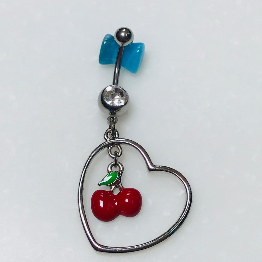 🍒 Cherry & Heart Dangle Belly Button Ring 14 G Navel Ring Surgical Steel
